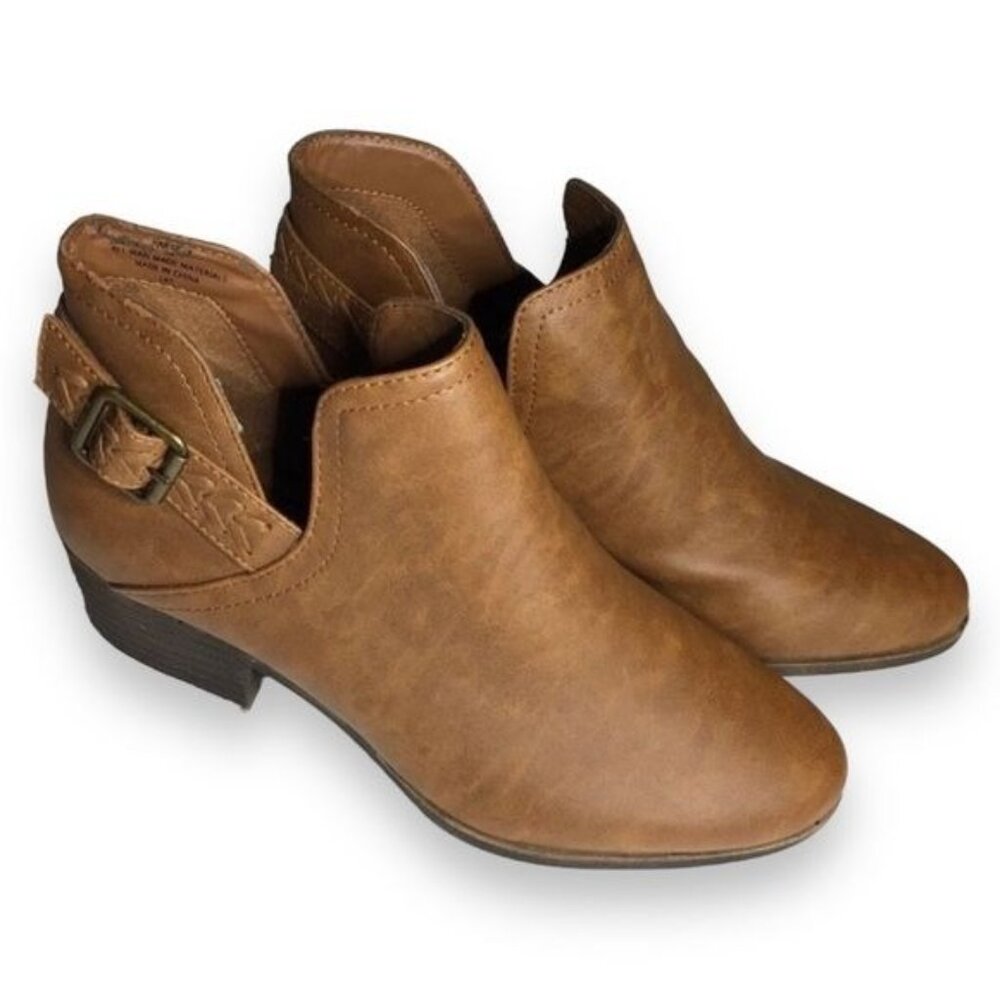 Madden Girl Women’s Low Heel Slip On Ankle Boot with Buckle Stacked Bootie Tan 7